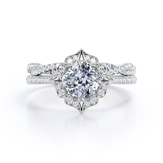 Cluster halo 1.6 carat Cushion cut moissanite and diamond pave wedding ring set in Whit gold