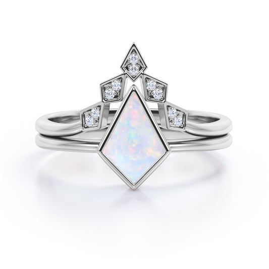 Delicate Chevron 1.15 carat Kite shaped Opal and diamond pinched shank Wedding ring set in White gold