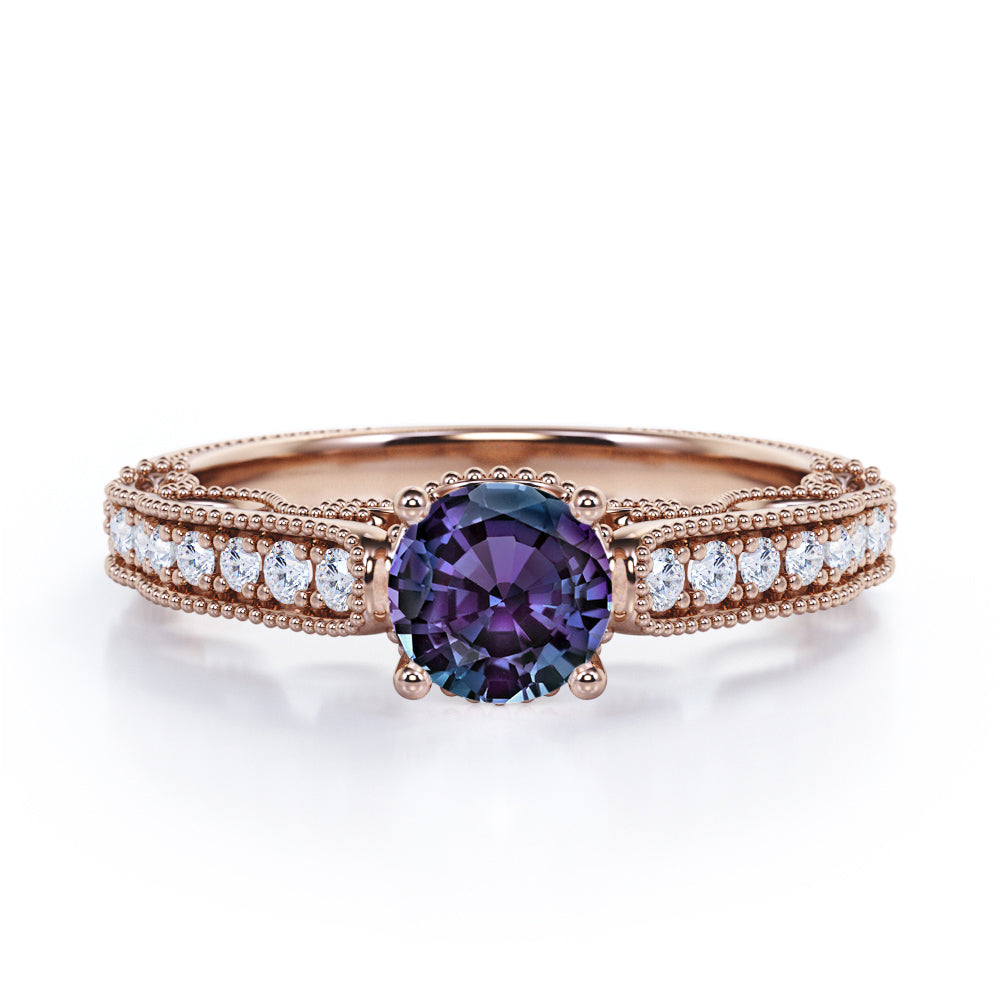 Vintage Freestyle 1.25 carat Round cut Lab created Alexandrite and diamond milgrain engagement ring in White gold