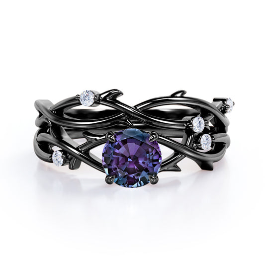 Twig Branch Bands 1.1 carat Round cut Synthetic Alexandrite and diamond art deco wedding ring set in Black gold
