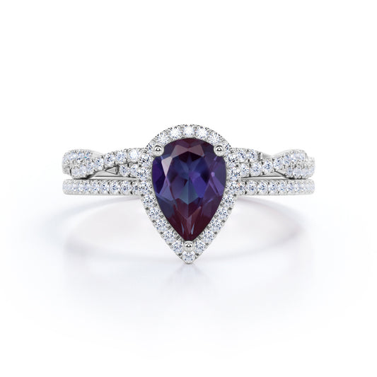 Antique art deco 1.7 carat pear cut man made Alexandrite and diamond Engagement ring with infinity wedding band in White gold- wedding ring set