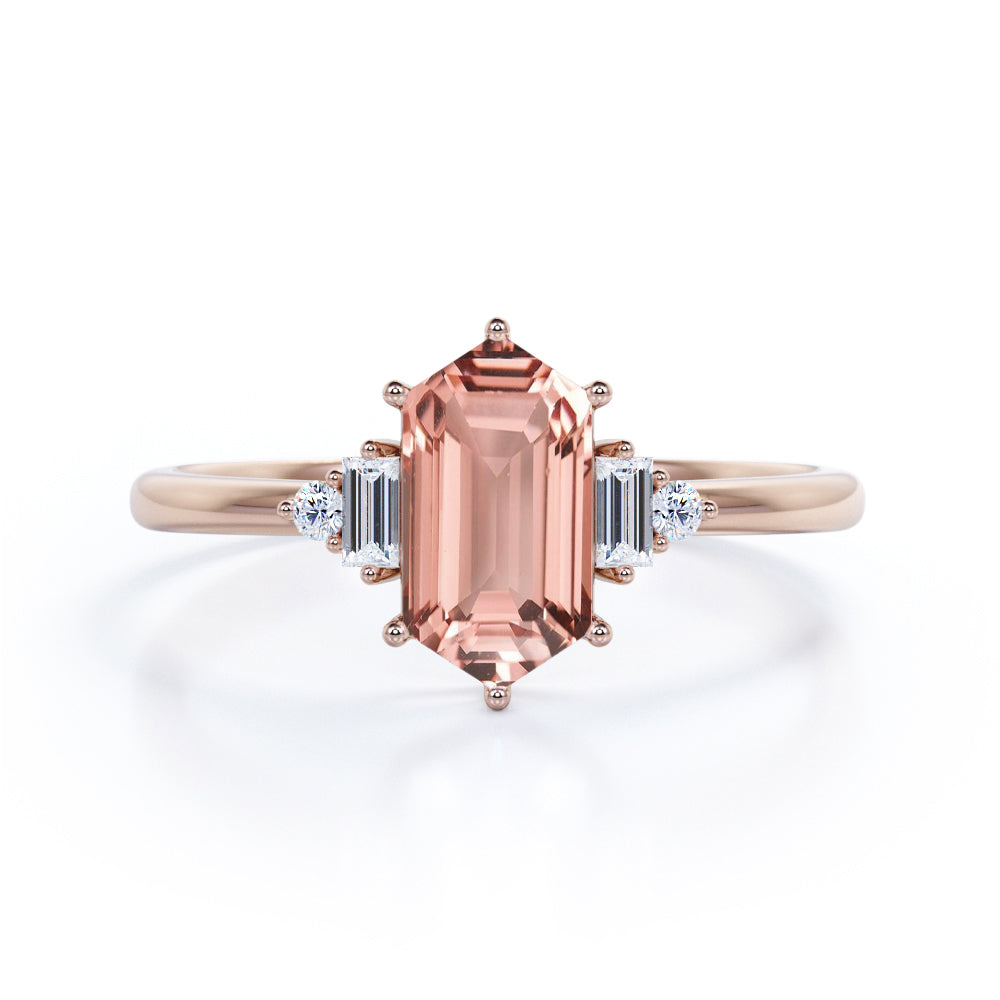 Lovely 5 stones 1.1 carat Hexagon Shaped Morganite and diamond tapered shank engagement ring in White gold