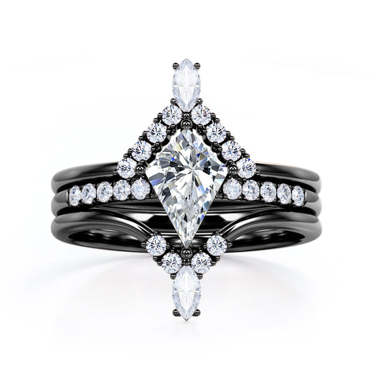 Royal Chevron 1.3 carat Kite shaped Moissanite and diamond trio wedding ring set for women in Black gold