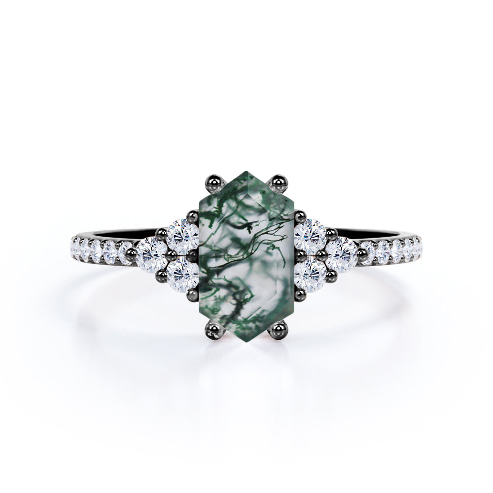 Modern Art deco 1.35 carat Hexagon cut Moss Green Agate and diamond pave setting engagement ring in White gold