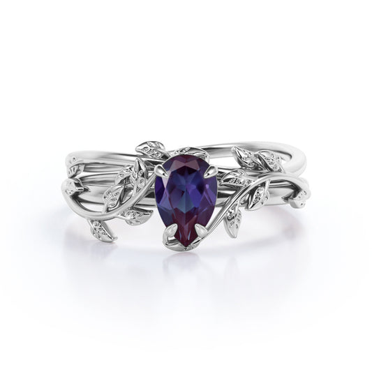 Leaf and Branch 1 carat Pear shaped man made Alexandrite and diamond prong set wedding ring set for women in White gold
