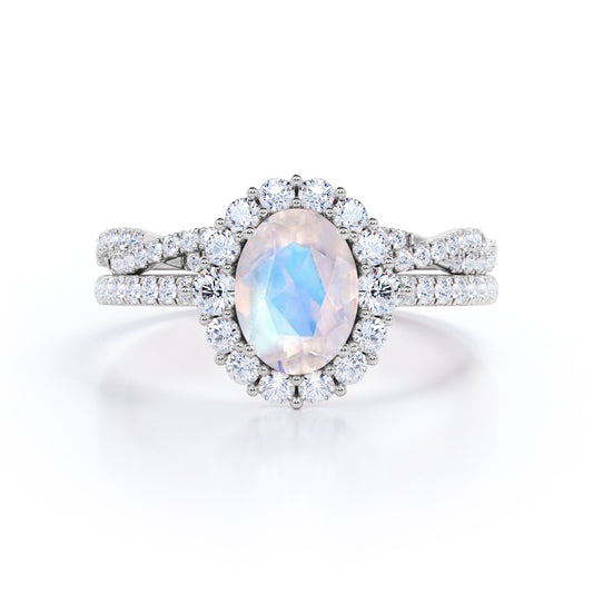 Cluster Halo 1.75 carat Oval cut Moonstone and Diamond Vintage Bridal set for women