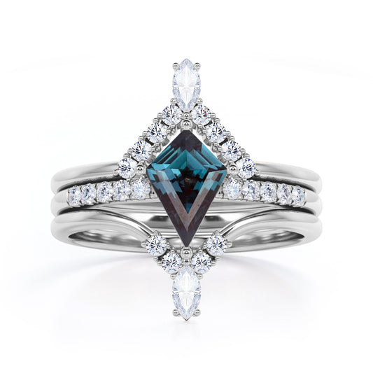 Tiara Chevron 1.35 carat Kite shaped Lab created Alexandrite and diamond trio wedding ring set in White gold