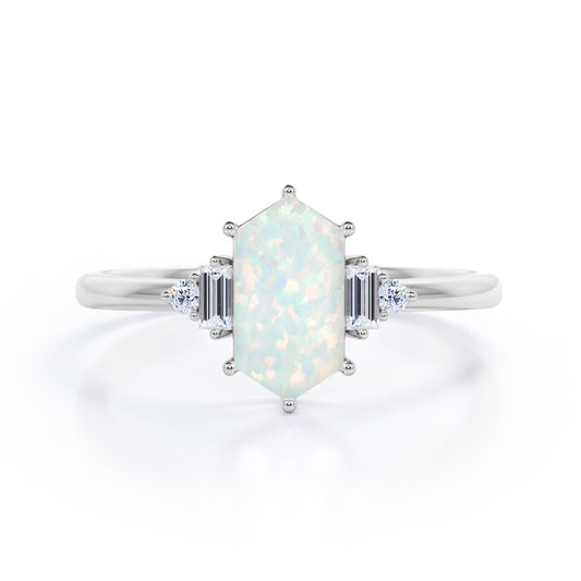 Tapered shank style 1.15 carat Hexagon cut Opal and diamond geometric vintage engagement ring in White gold