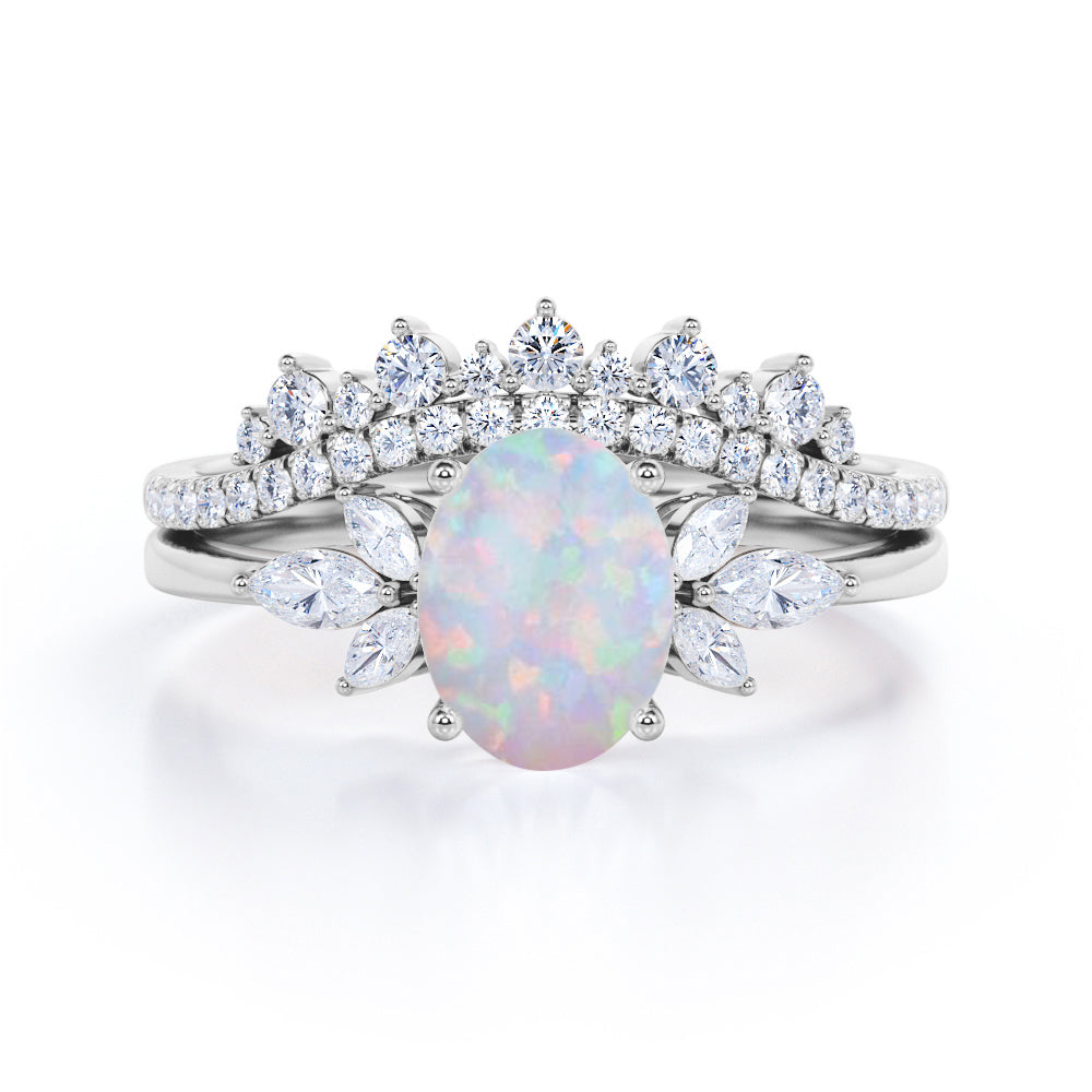 Chevron Crown 1.45 carat Oval cut Australian Opal and diamond vintage royal engagement rings set in White gold-Bridal set