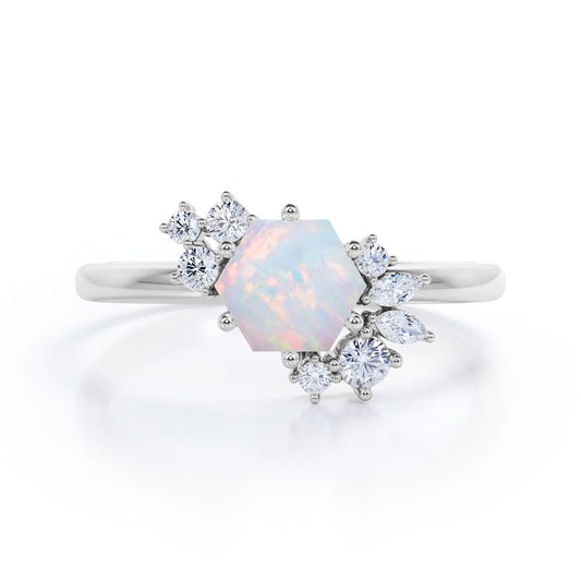 Artistic modern 1.2 carat Hexagon shape Ethiopian Opal and diamond Bridal set for women in White gold