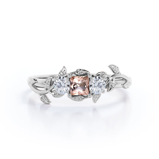 Tristone 1.1 carat Princess cut Morganite and round pave diamonds tree branch engagement ring in White gold