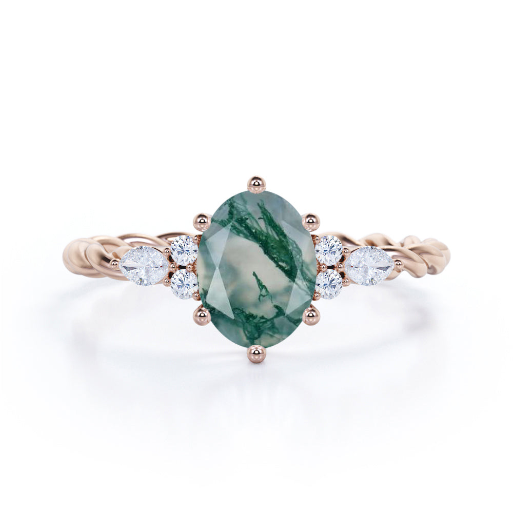 Vintage Braided 1.1 carat Oval cut Moss Green Agate and diamond infinity prong engagement ring in Black gold