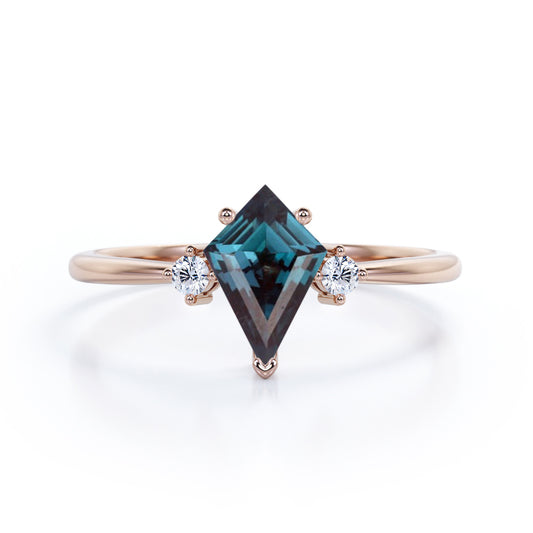 Triple stone 1 carat Kite shaped Alexandrite and diamond classic art deco engagement ring in Rose gold