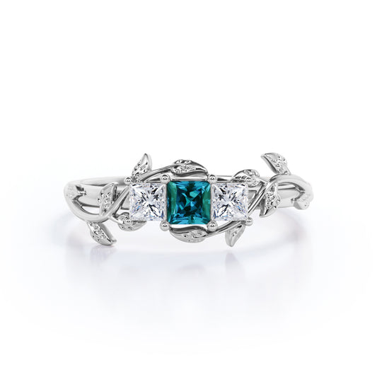 Trilogy 1.1 carat Princess cut lab created alexandrite and diamond Forest Nature inspired Engagement ring in White gold