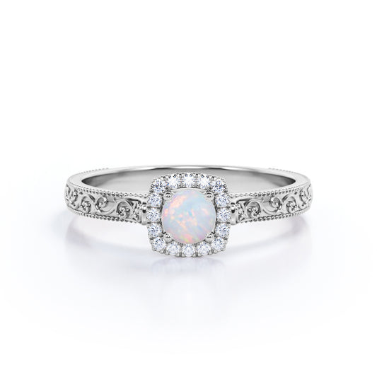 Vintage Halo 0.65 carat Round cut Australian boulder opal and diamond edwardian art deco engagement ring in White gold
