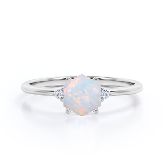 Classic Trilogy 1 carat Hexagon cut Ethiopian Opal and diamond-4 prong setting-pinched shank engagement ring White gold