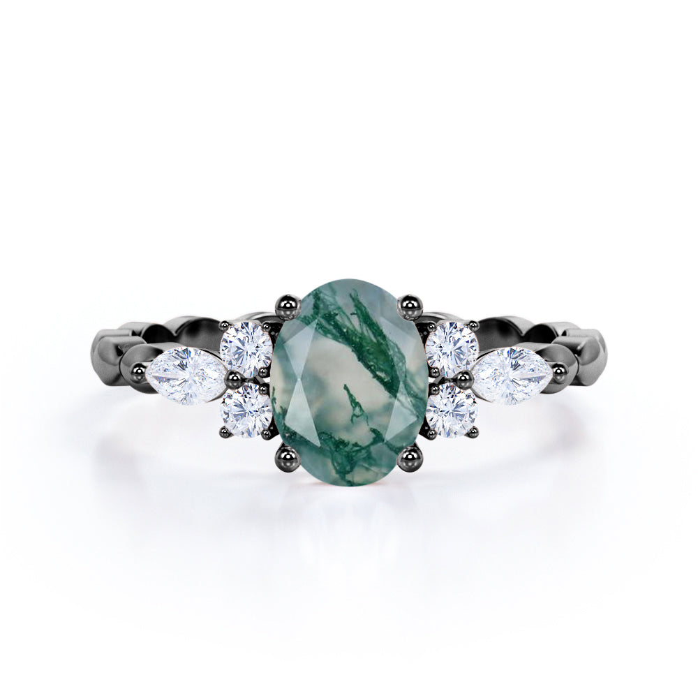Marquise Twisted Rope design 1.15 carat Oval cut Moss Green Agate and diamond engagement ring in White gold