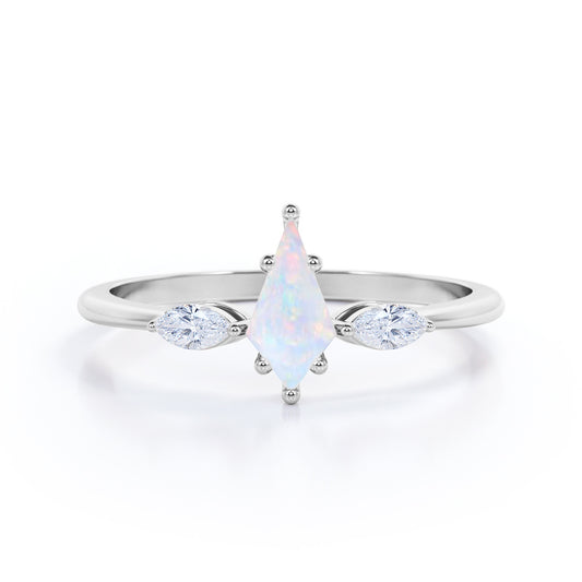 Unique Trillion 1.1 carat Kite cut Ethiopian Opal and marquise diamond-vintage inspired-pinched shank engagement ring in White gold