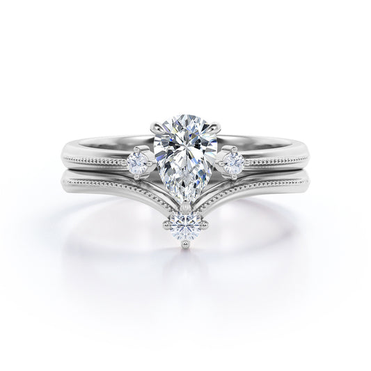 Unique 4 stone 1.1 carat pear cut moissanite and diamond-open ring- milgrain wedding ring set for her