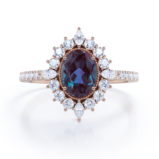 Milgrain Halo 1.5 carat Oval cut Lab Made Alexandrite and diamond floral cluster engagement ring in Rose gold