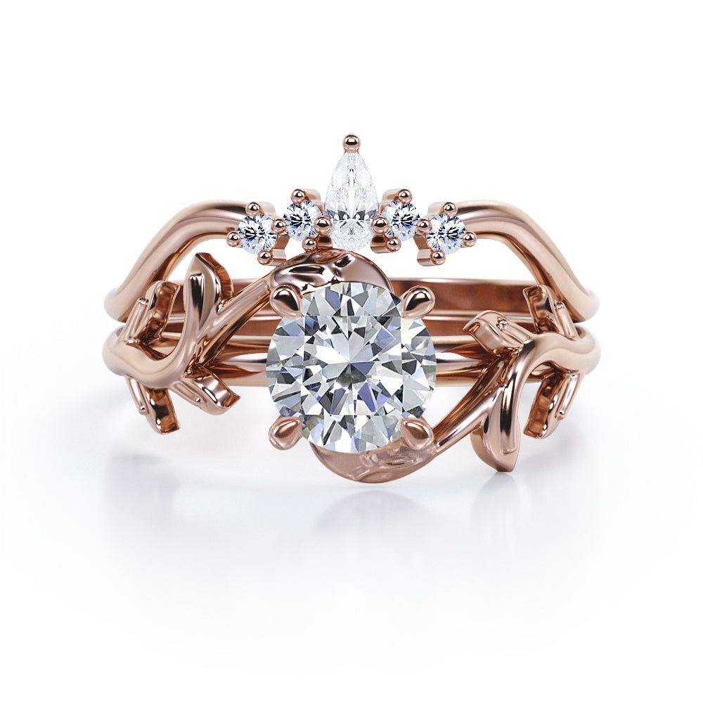 Chevron crown 1.15 carat Round cut Moissanite and diamond nature inspired wedding ring set in White gold