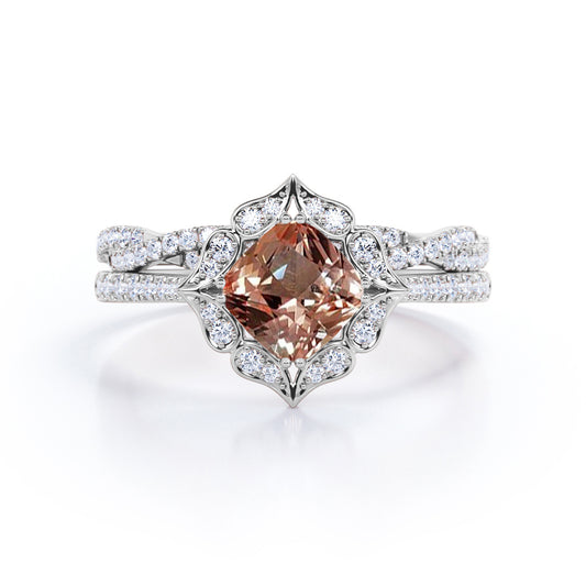 Floral Halo 1.75 carat Cushion cut Peach pink Morganite and diamond - double prong setting - wedding ring set for women