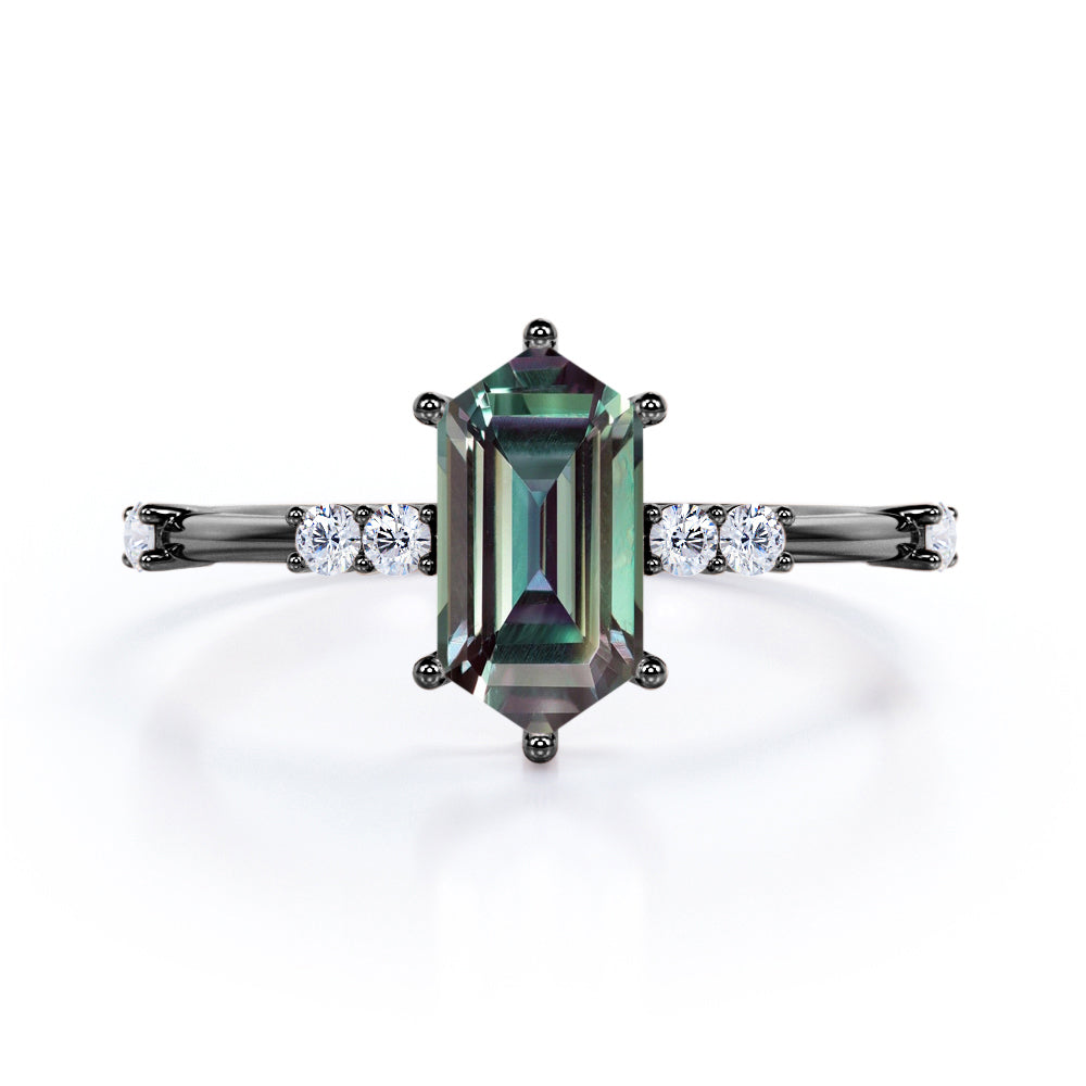 Asymmetric Prong 1.1 carat Hexagon shaped Alexandrite and diamond engagement ring for women in White gold