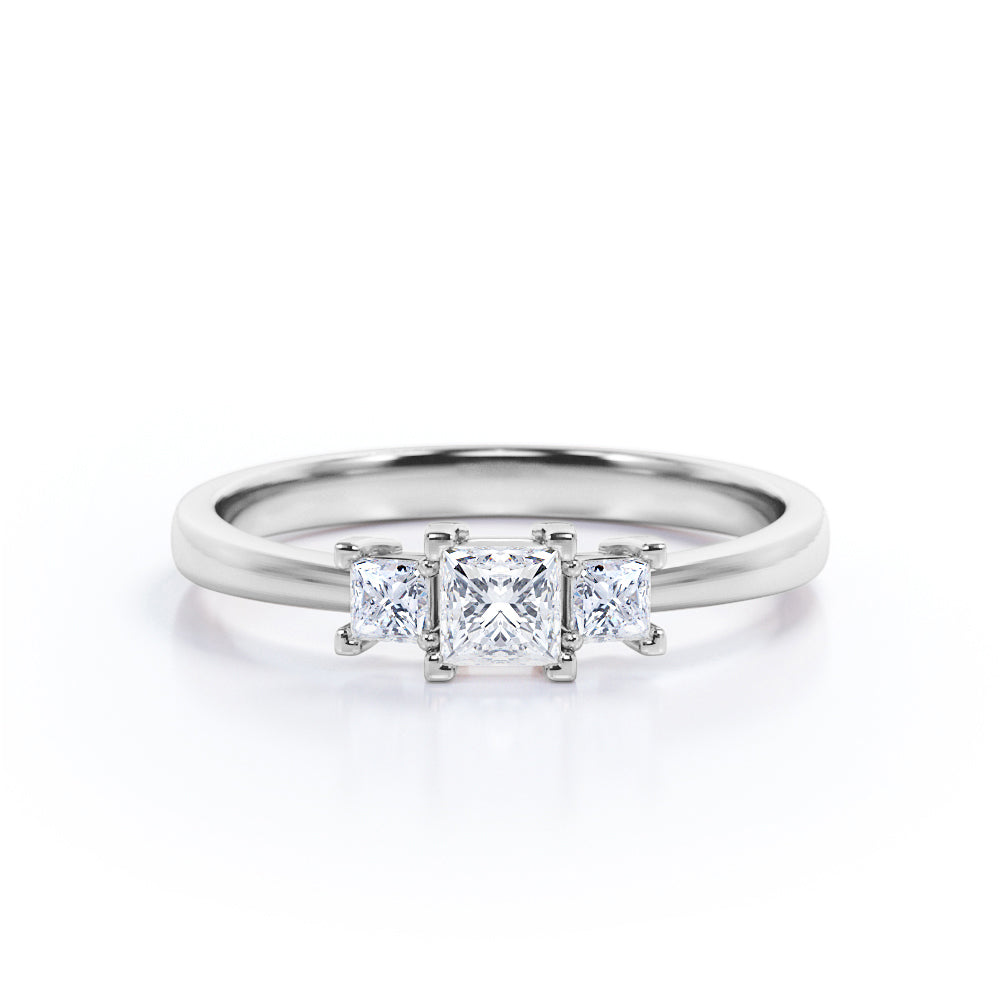 Exquisite Solitaire trio 0.41 carat Princess cut diamond - antique basket ring setting - tri diamond engagement ring in White gold