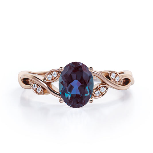 Magnificent Twists 1.1 carat Oval shaped Alexandrite and diamond Twig infinity engagement ring in Rose gold
