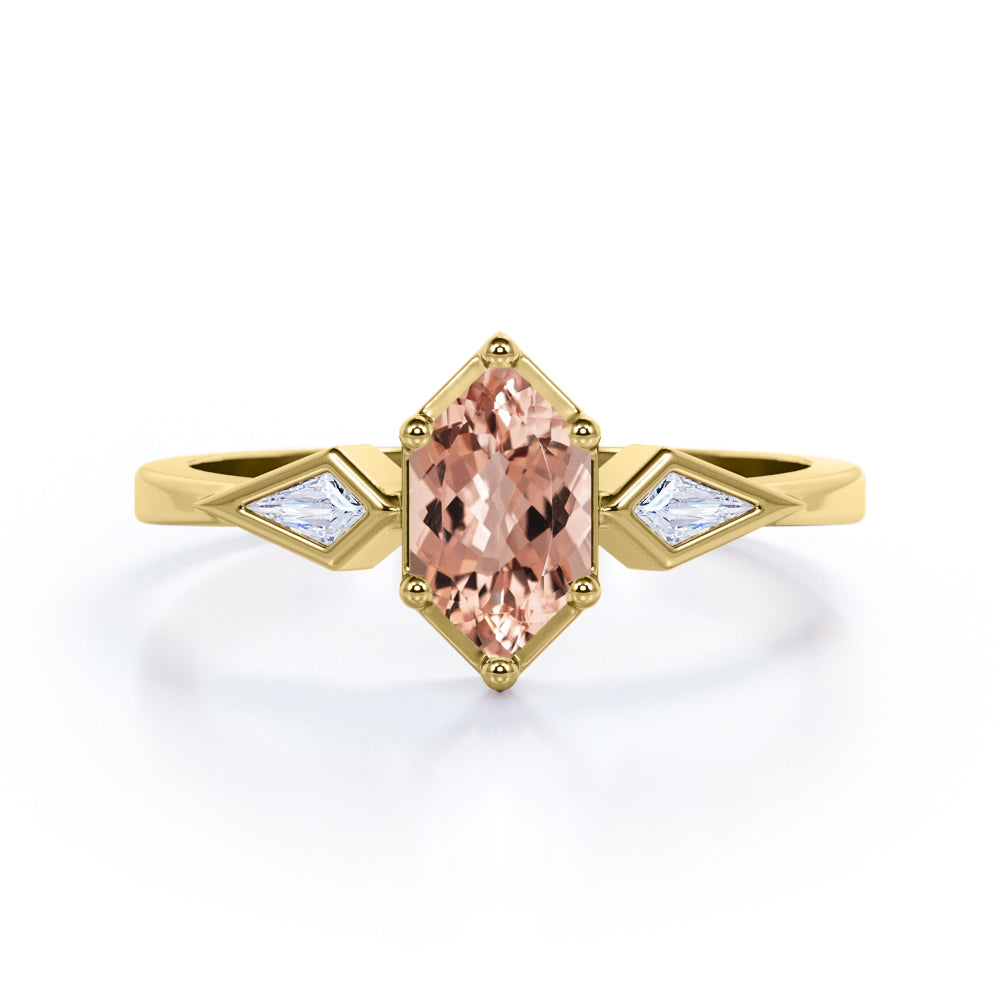 Intricate three stone 1.1 carat Hexagon shaped Morganite and kite diamond engagement ring in White gold