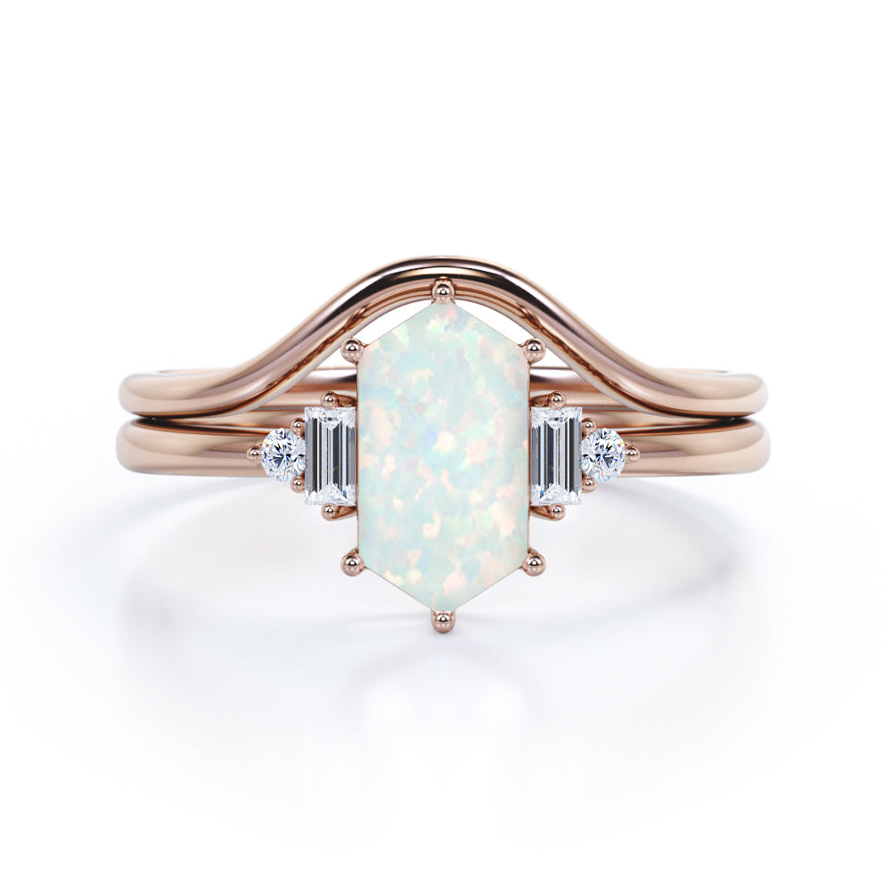 Magnificent 1.15 carat Hexagon cut Opal and diamond engagement ring with U-shaped wedding band in Black gold-Bridal set