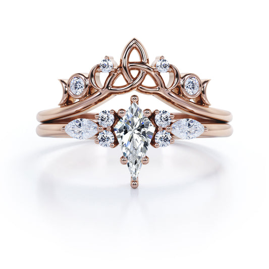 Triad Crown 1.25 carat Kite shaped Moissanite and diamond wedding ring set in rose gold