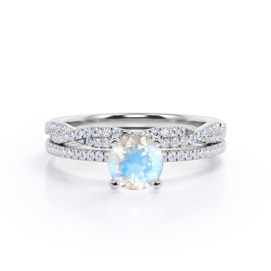 Classic 1.5 carat round cut Moonstone Wedding ring set with matching semi-infinity diamond wedding ring band in White gold