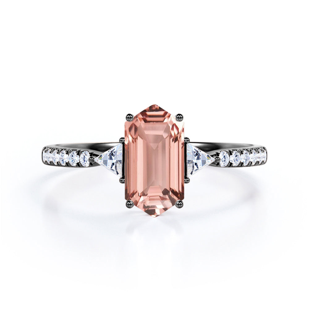 Stylish 1.35 carat Hexagonal Morganite and diamond trilogy engagement ring in Rose gold