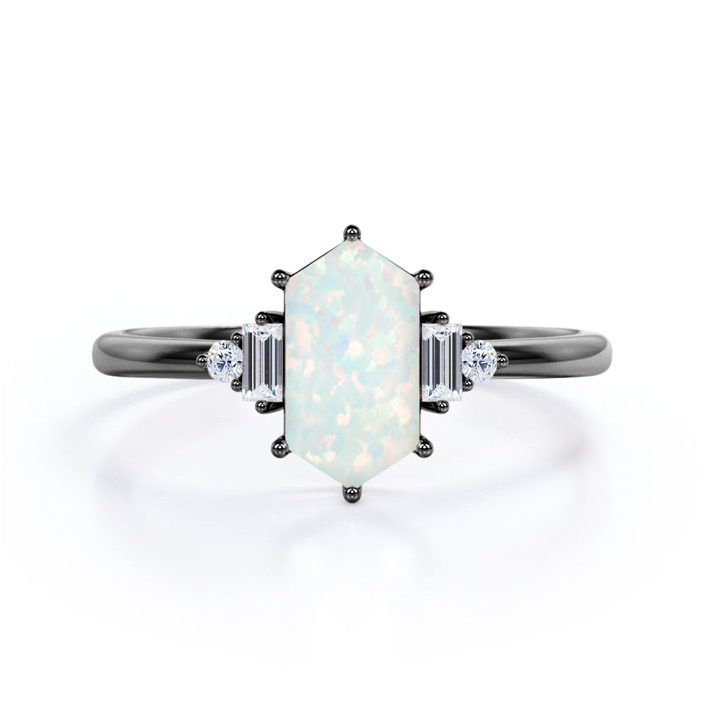 Tapered shank style 1.15 carat Hexagon cut Opal and diamond geometric vintage engagement ring in White gold