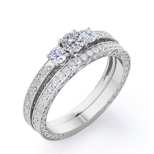 Trio stone 1.20 carat Round cut Moissanite and diamond Milgrain and Filigree Art deco wedding ring set in White gold