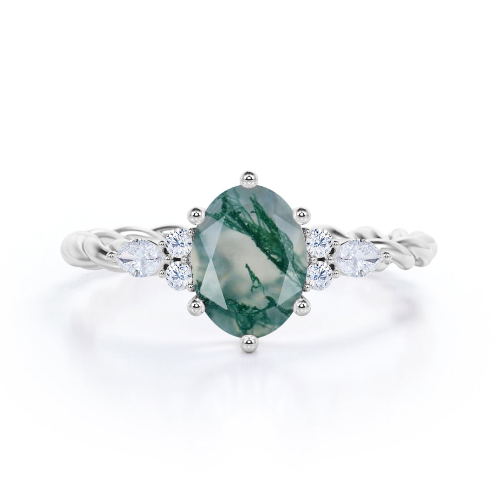 Vintage Braided 1.1 carat Oval cut Moss Green Agate and diamond infinity prong engagement ring in Black gold