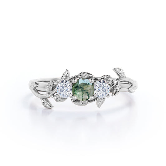 Nature inspired Trilogy 0.65 Round cut Moss Green Agate and diamond Anniversary ring for women in White Gold - Engagement ring