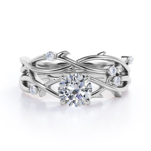 Earthy 1 carat Round cut Moissanite and diamond nature style wedding ring set in White gold