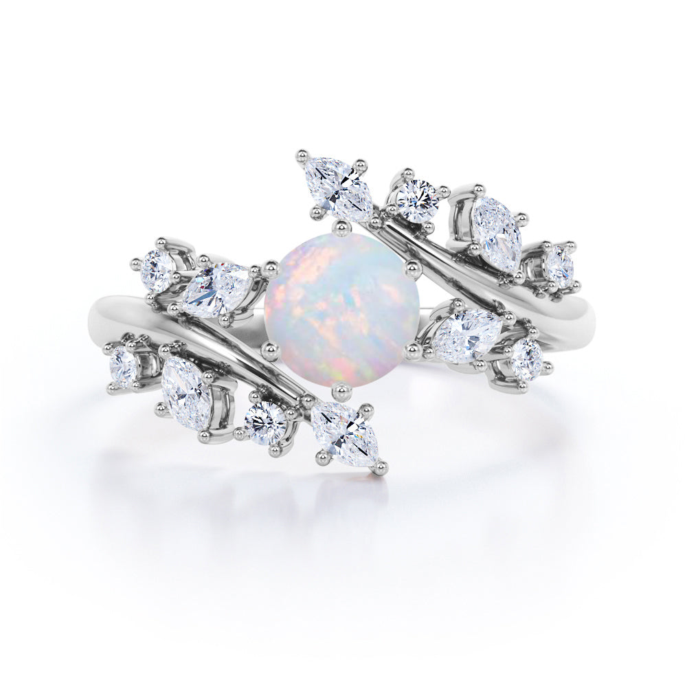 Nature style 1.25 carat Round cut Ethiopian Opal and diamond earthy engagement ring in Black gold