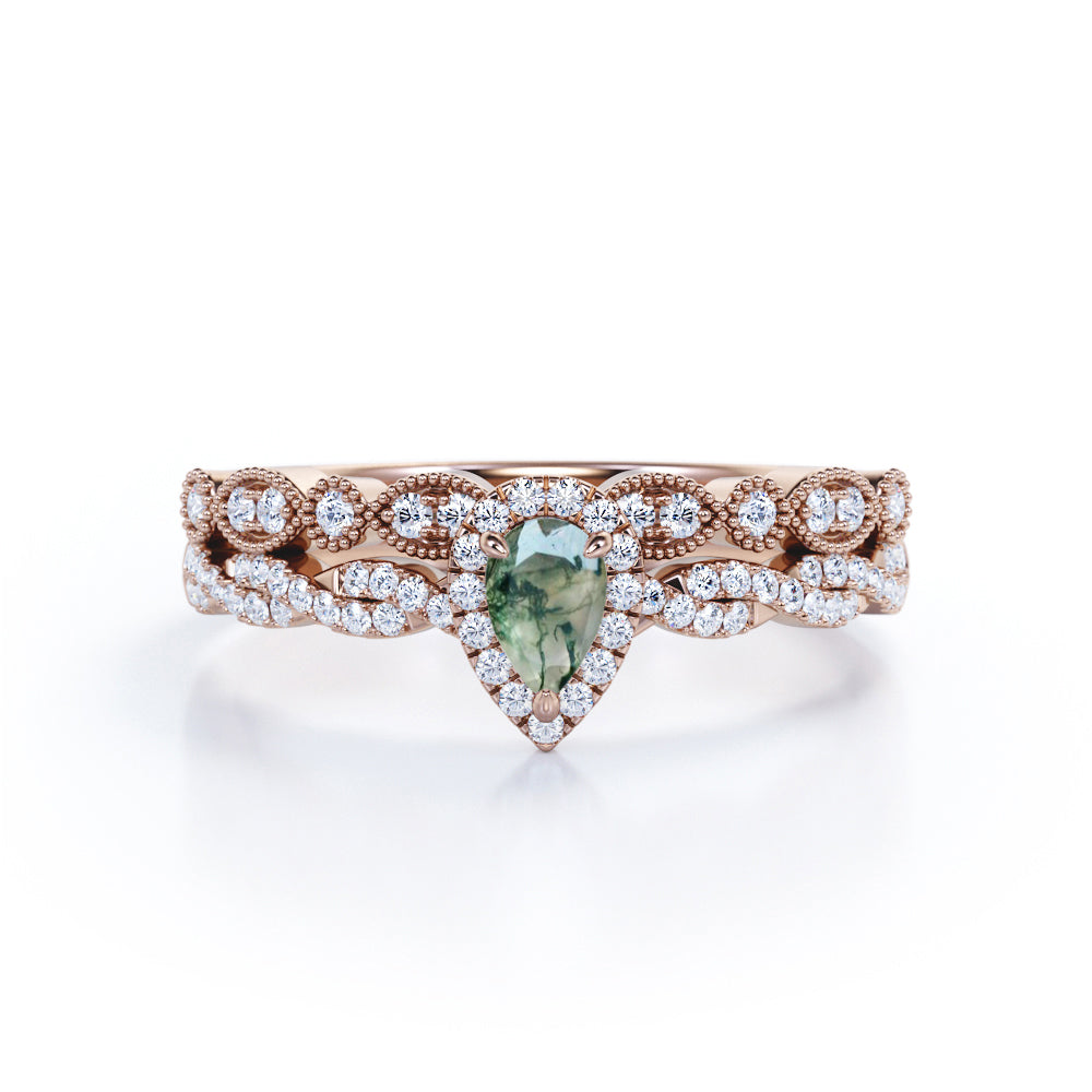 Infinity Halo 1.1 carat Pear cut Moss Green Agate and diamond bridal set for her in White gold