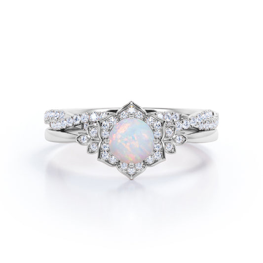 Art deco inspired 1.5 carat Round cut Ethiopian Opal and diamond Floral halo Wedding Bridal set in White gold