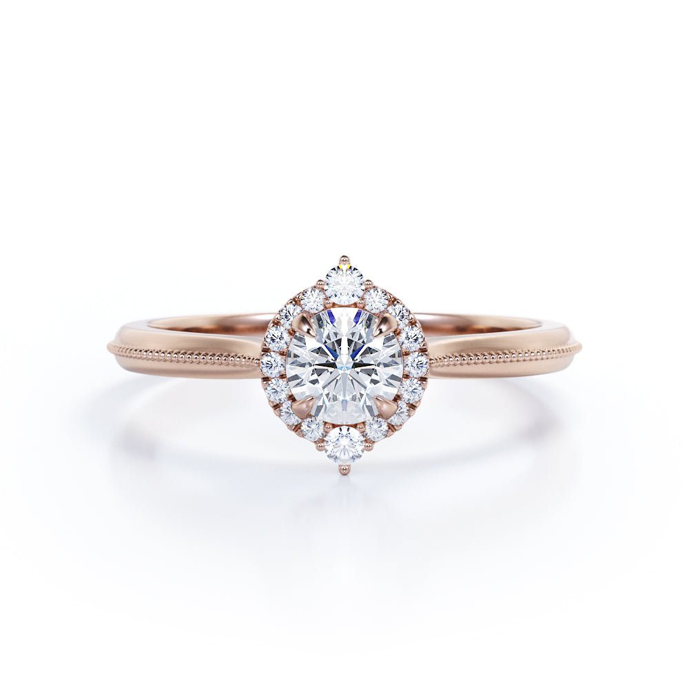 Antique Milgrain 0.57 carat Round cut Brilliant Daimond- Tapered shank - milgrain Edge - Engagement ring in Gold