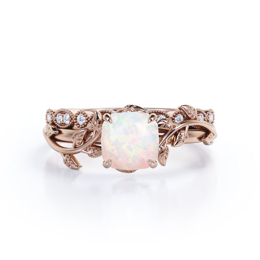 Branch-leaf inspired 1.15 carat Cushion cut Fire Opal and diamond Milgrain Wedding ring set in gold