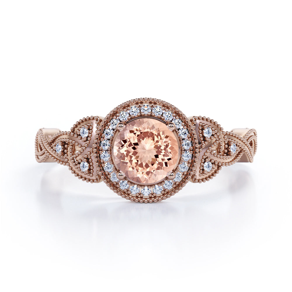 Twisted Vine 1.25 carat Round cut Peach Pink Morganite and diamond milgrain halo engagement ring in White gold