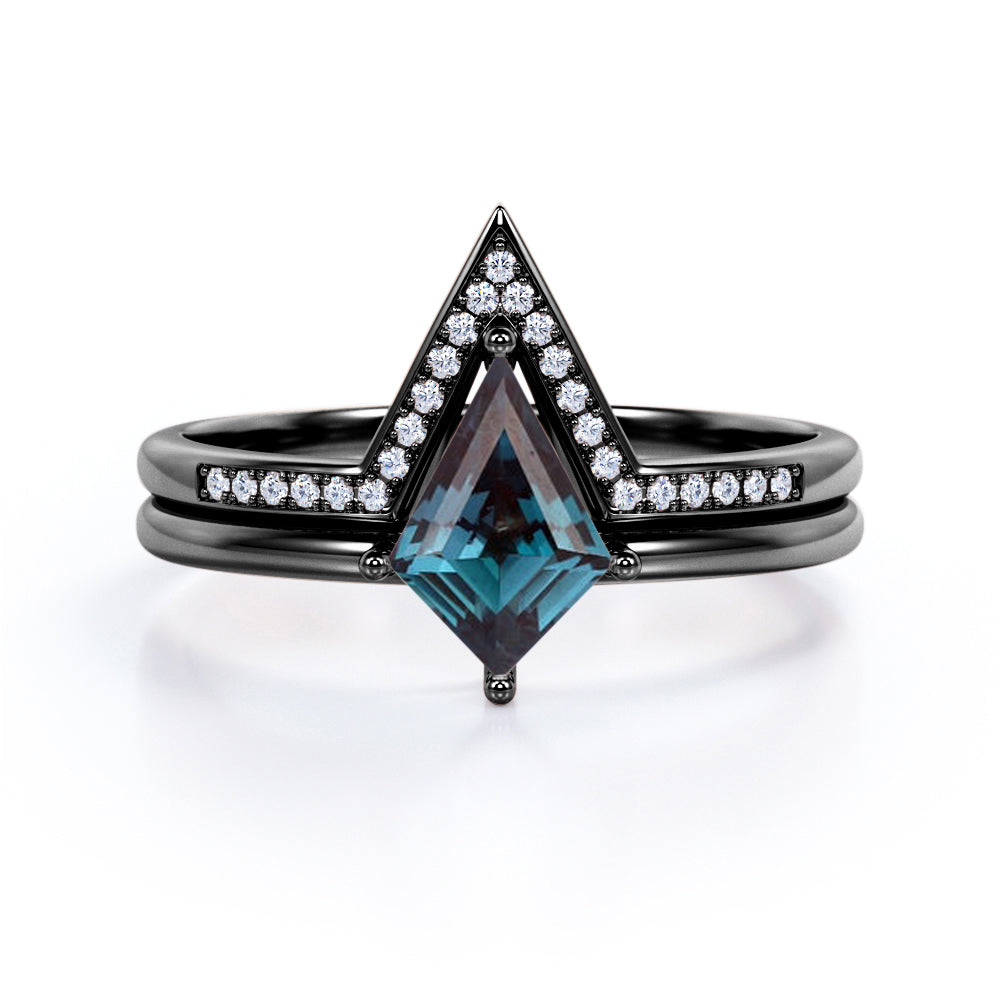 Solitaire Prong 1.25 carat Kite shaped Lab created Alexandrite and diamond contoured wedding ring set in White gold