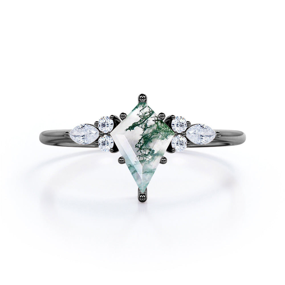 Vintage Seven stone 1.1 carat Kite shaped Moss green Agate and diamond prong style engagement ring in White gold