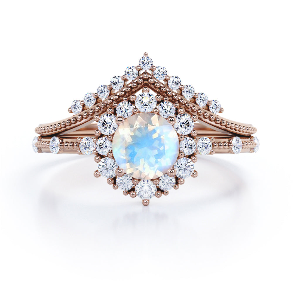 Crowned Milgrain 1.7 carat Round cut Moonstone and diamond vintage art deco wedding ring set in Black gold