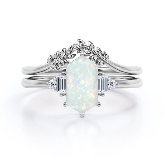 Contoured leaf 1.15 carat Hexagon shaped Australian Opal and diamond nature inspired wedding ring set for women in White gold