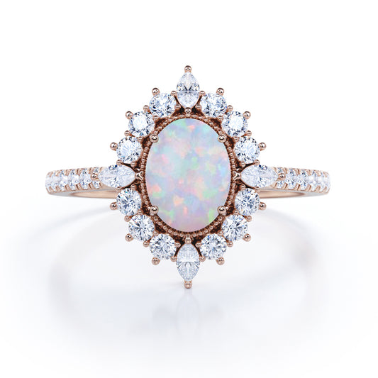 Milgrain Cluster 1.30 carat Oval cut Welo Opal and diamond snowflake engagement ring in rose gold